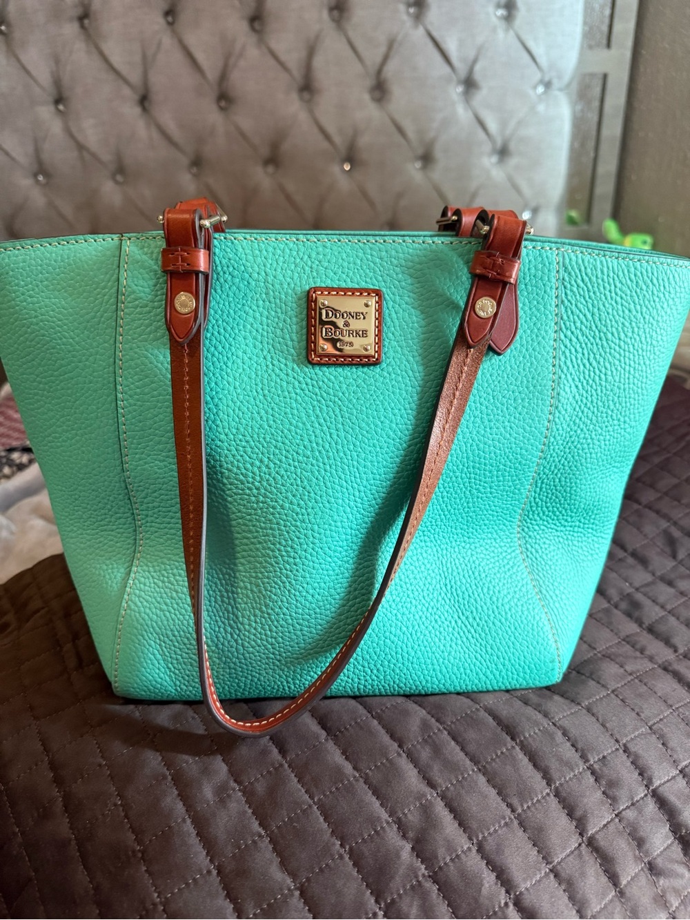 Dooney & Bourke Turquoise Pebbled Leather Tote with Brown Straps